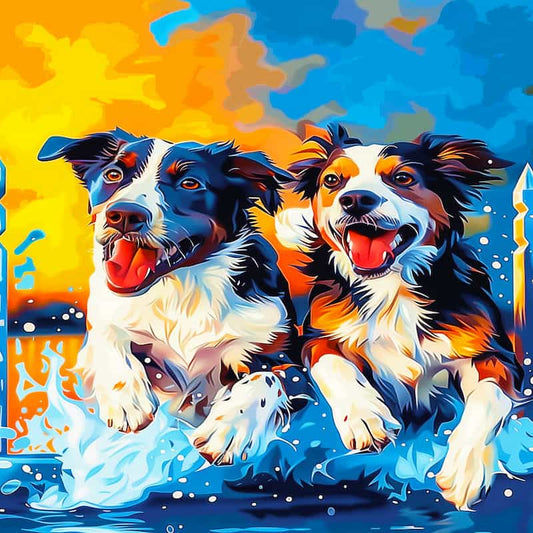 Two happy dogs in water with a colorful background