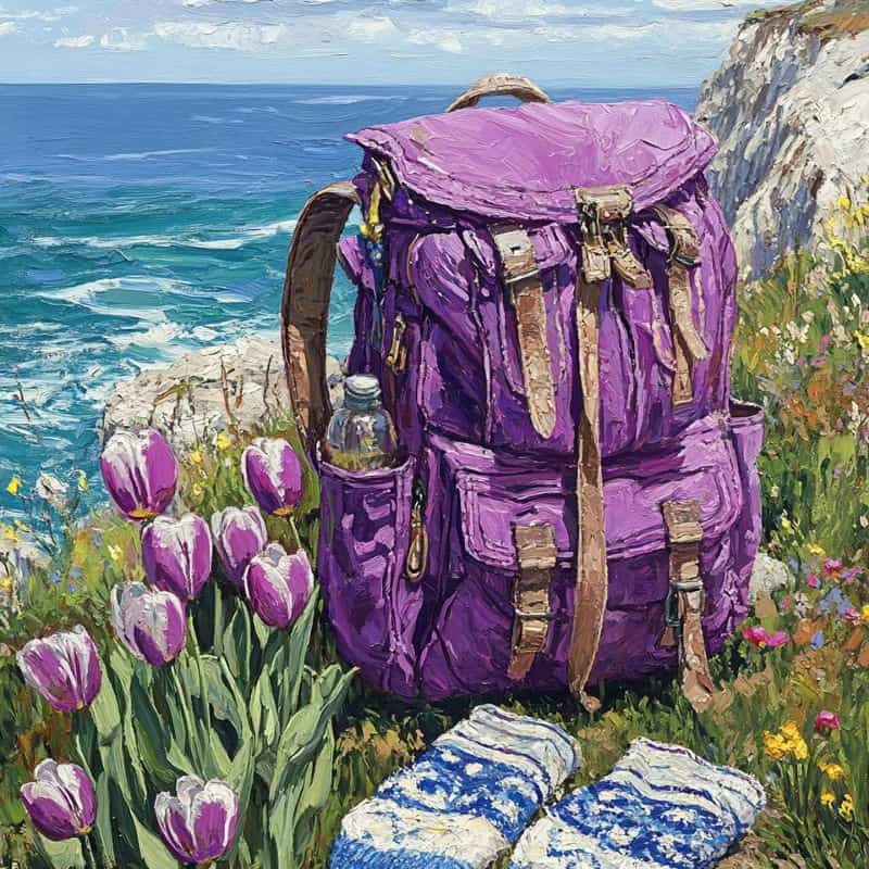 Purple backpack with a water bottle on a grassy cliffside with ocean view and purple flowers.