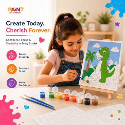 A child painting a dinosaur paint by numbers canvas with colorful paints and brushes on a table.