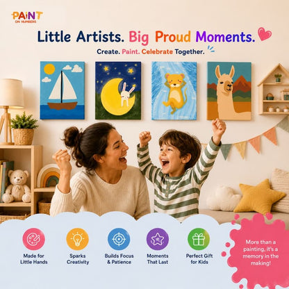 A woman and child celebrating with colorful children's paint by numbers paintings on the wall, featuring a sailboat, moon, lion, and llama.