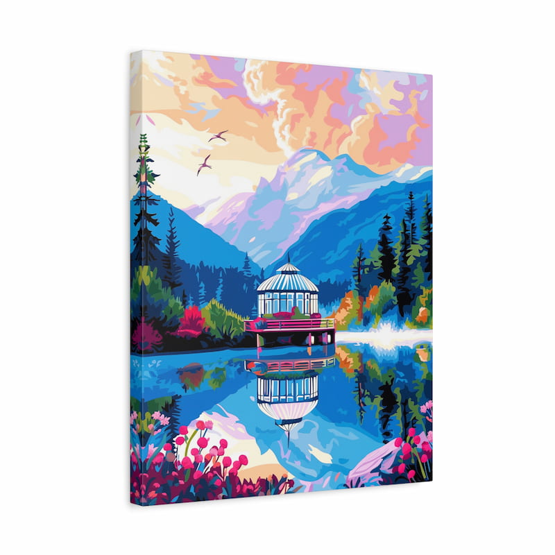 Canvas print of a colorful landscape with a lake, cabin, and mountains.