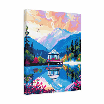 Canvas print of a colorful landscape with a lake, cabin, and mountains.