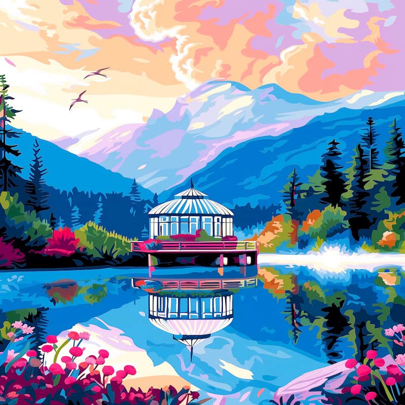 Colorful painting of a lake with a gazebo, mountains, and trees.