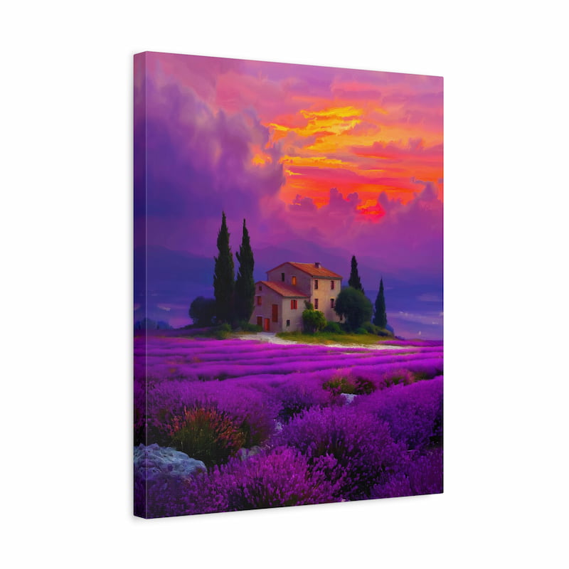 Canvas print of a sunset over a house with lavender fields