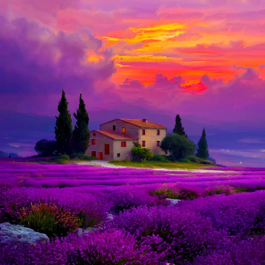 Lavender field with a house and cypress trees under a vibrant sunset sky.