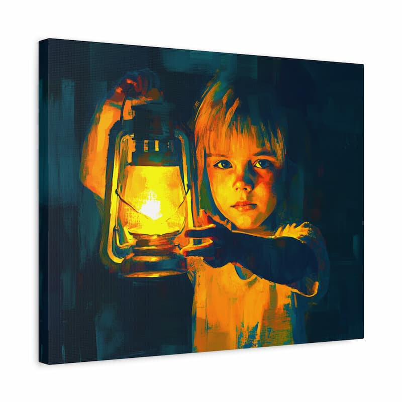 Kit de peinture par numéros La lumière dans ses mains montrant un enfant tenant une lanterne sur toile de lin