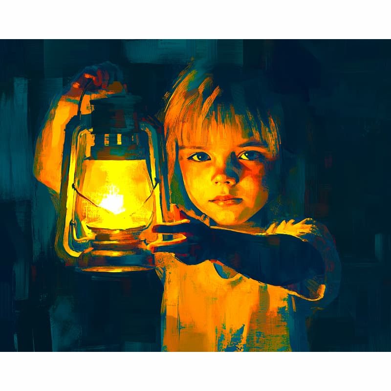 Child holding a lantern in a dark setting