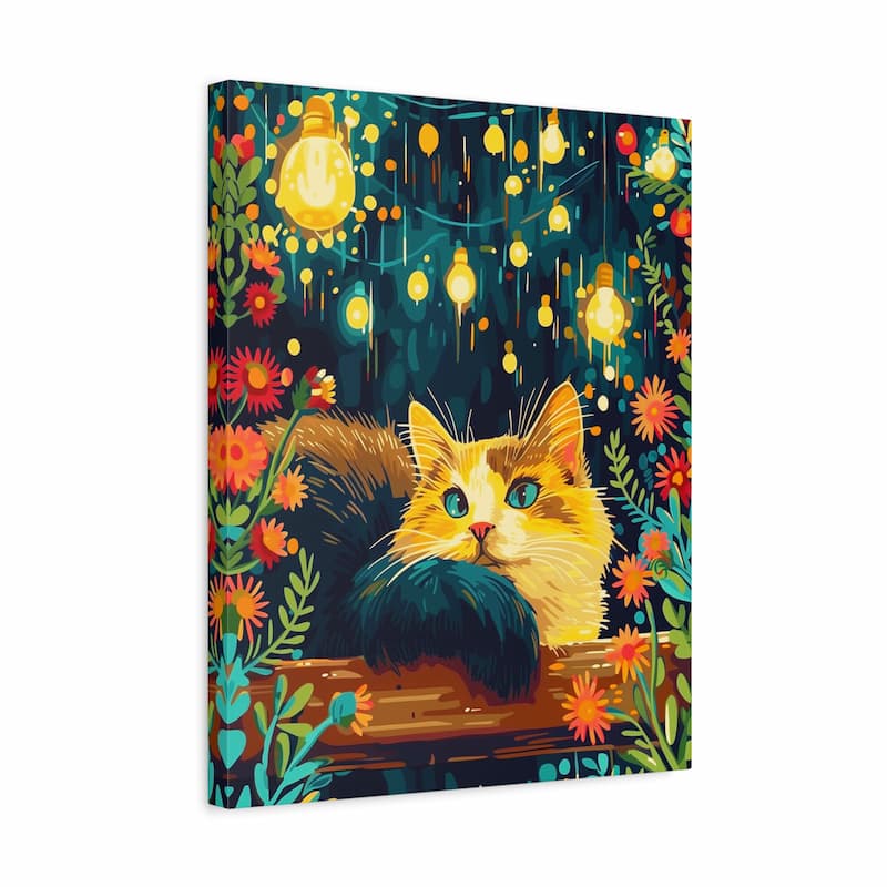 Canvas print with a cat surrounded by flowers and lights on a dark background
