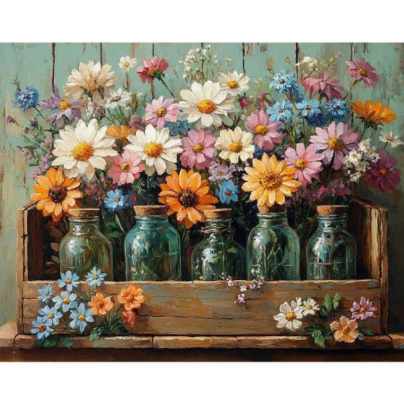 Decorative arrangement of flowers and jars in a wooden crate with a rustic background.