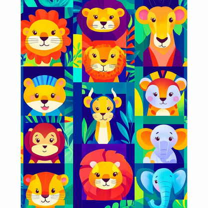 Colorful pattern of cartoon lion and elephant faces on a blue background