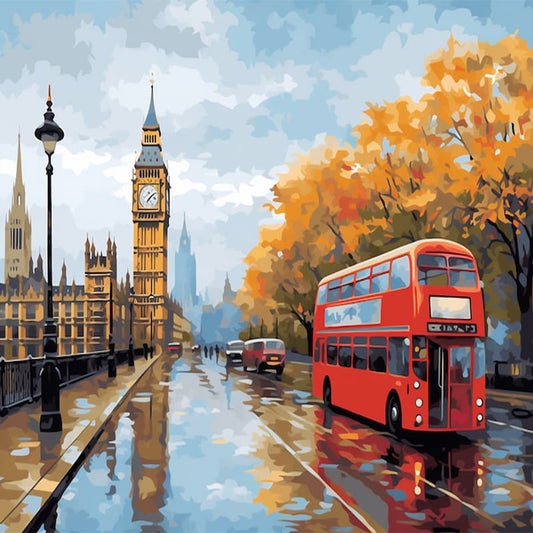 Painting of a London street with Big Ben, red buses, and autumn trees.