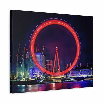 Canvas print of the London Eye at night with vibrant colors.