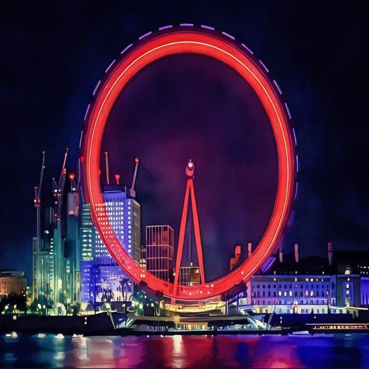 Red Ferris wheel at night with city skyline in the background