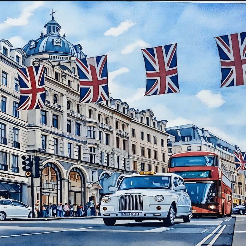 City street scene with Union Jack flags, a taxi, and a double-decker bus.