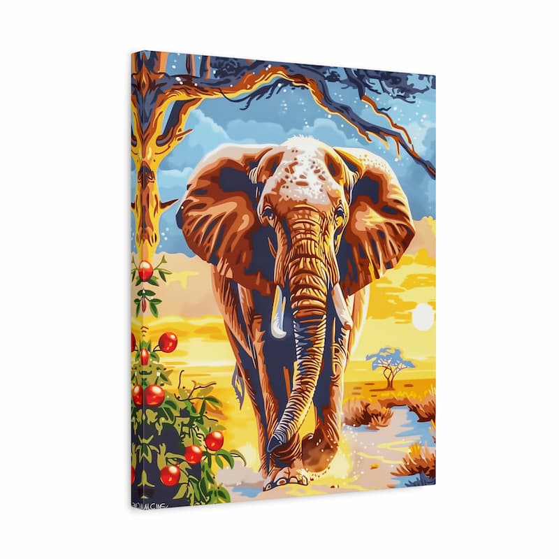 Canvas print of an elephant in a savanna scene with trees and fruit.