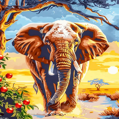 Colorful illustration of an elephant in a natural setting with trees and sun.