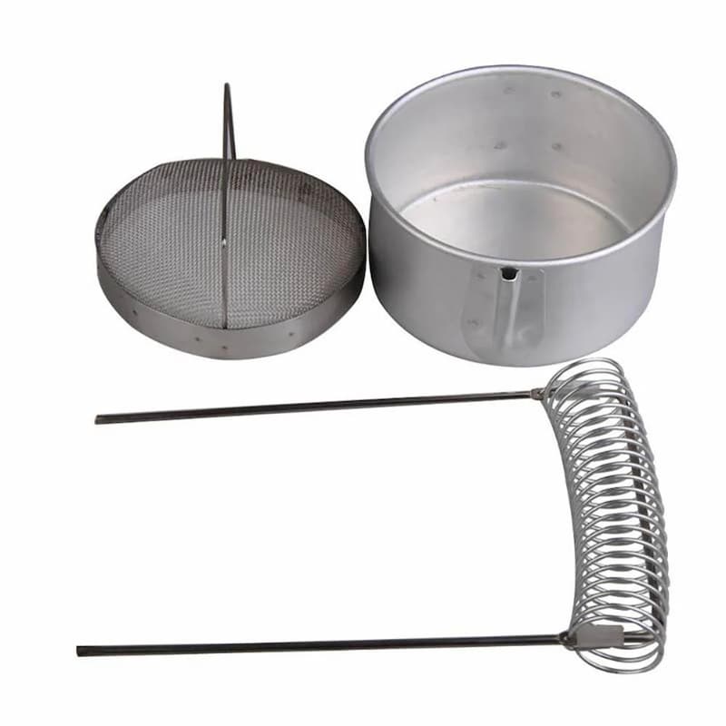 Set of metal brush cleaner tools including a strainer, pot, and whisk on a white background
