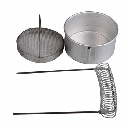 Set of metal brush cleaner tools including a strainer, pot, and whisk on a white background