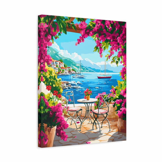 Canvas print of a scenic coastal view with flowers and a table.