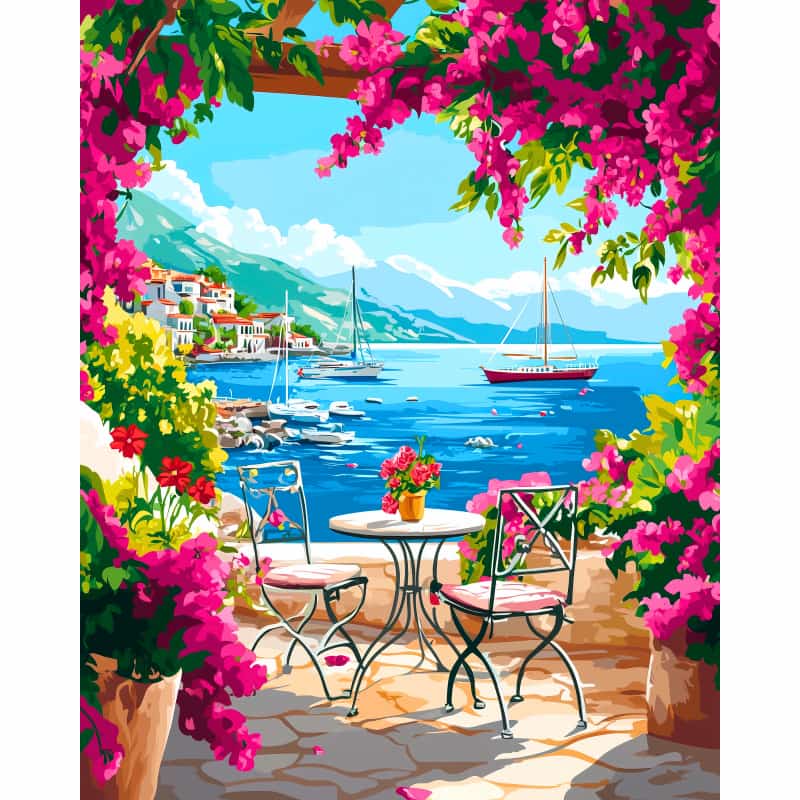 Decorative image of a coastal scene with flowers and a table.