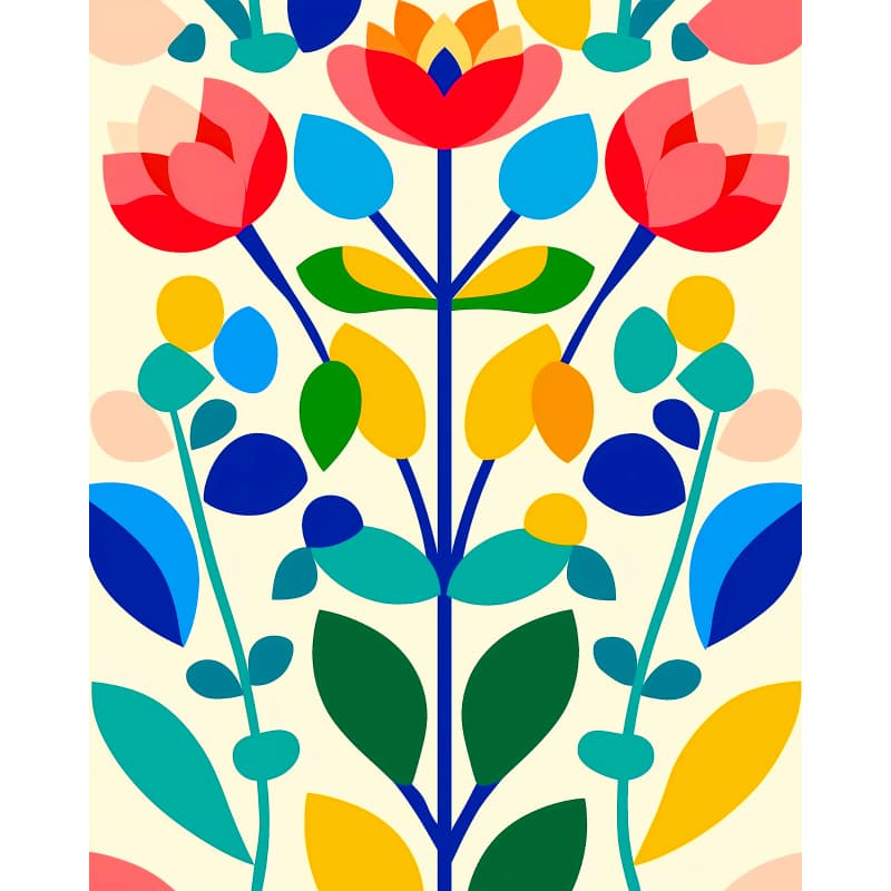 Colorful floral pattern with red, blue, green, yellow, and pink flowers on a beige background