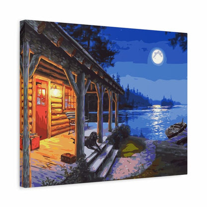 Painting of a log cabin by a lake at night with a full moon.
