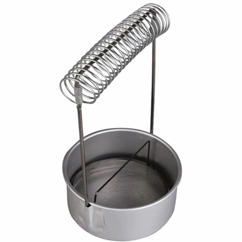 Metal brush strainer with spring handle on a white background