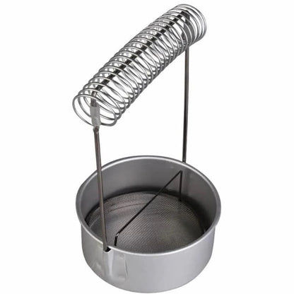 Metal brush strainer with spring handle on a white background