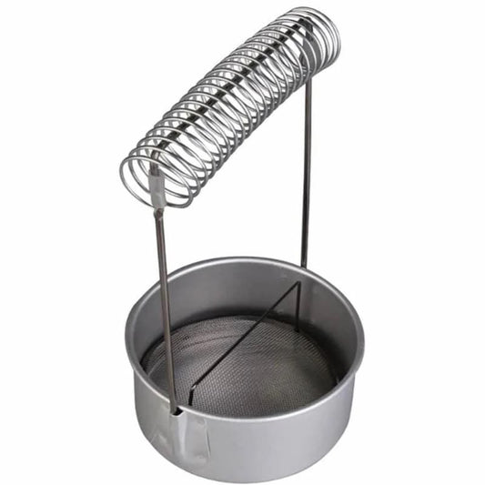 Metal brush strainer with spring handle on a white background