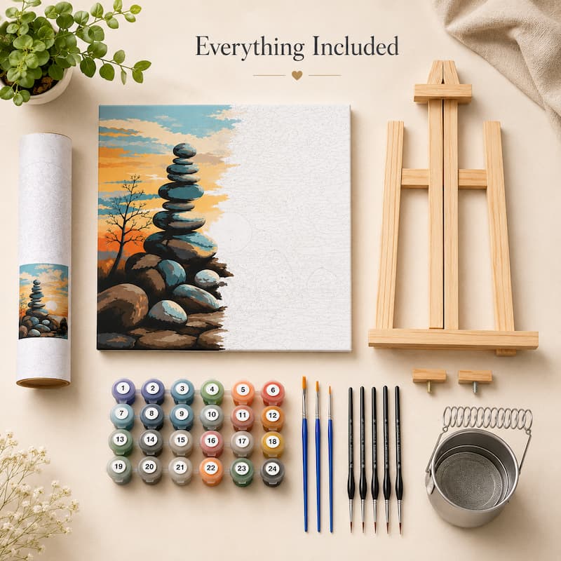 Artistic painting set with canvas, paintbrushes, and easel on a light surface.