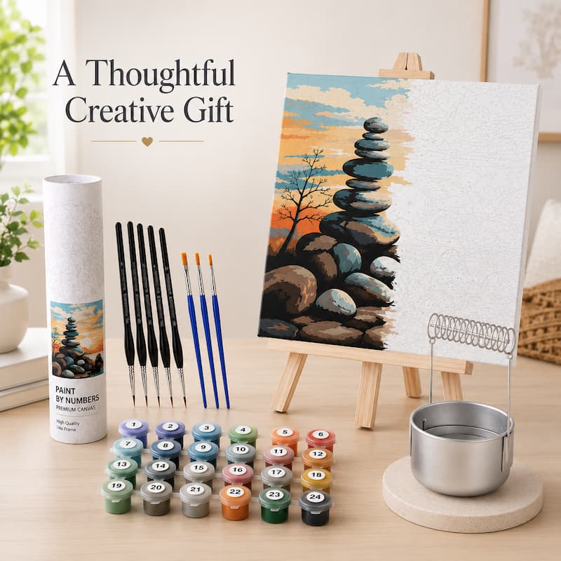 Paint by numbers kit with completed artwork, paint bottles, brushes, and a small cup on a wooden surface.