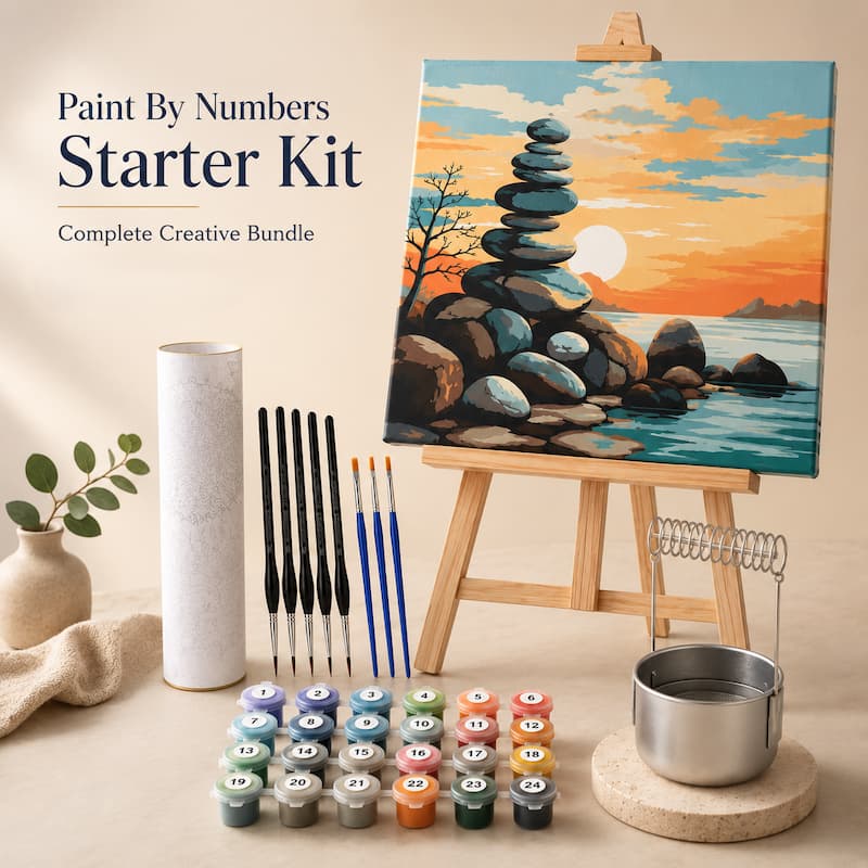 Paint by numbers starter kit with art supplies on a beige background