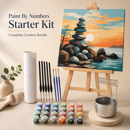 Paint by numbers starter kit with art supplies on a beige background