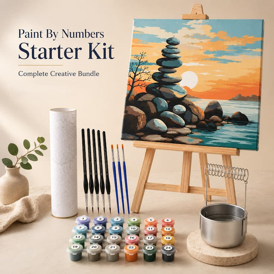 Paint by numbers starter kit with art supplies on a beige background