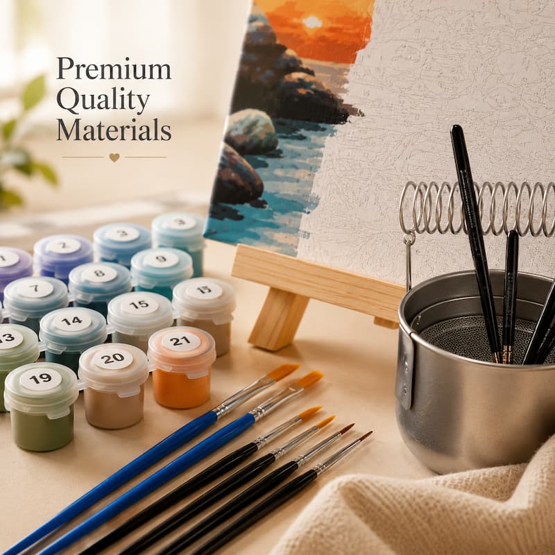 Art supplies including paint jars, brushes, and a painting on an easel with 'Premium Quality Materials' text.