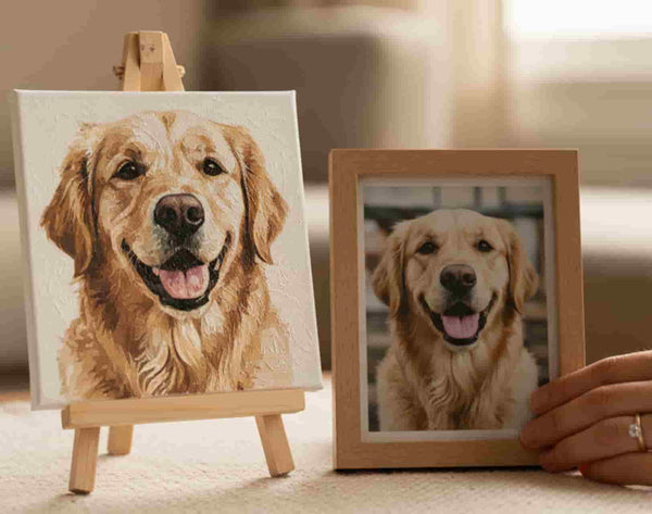 Two representations of a golden retriever, one on a canvas with an easel and the other in a wooden frame, held by a person.