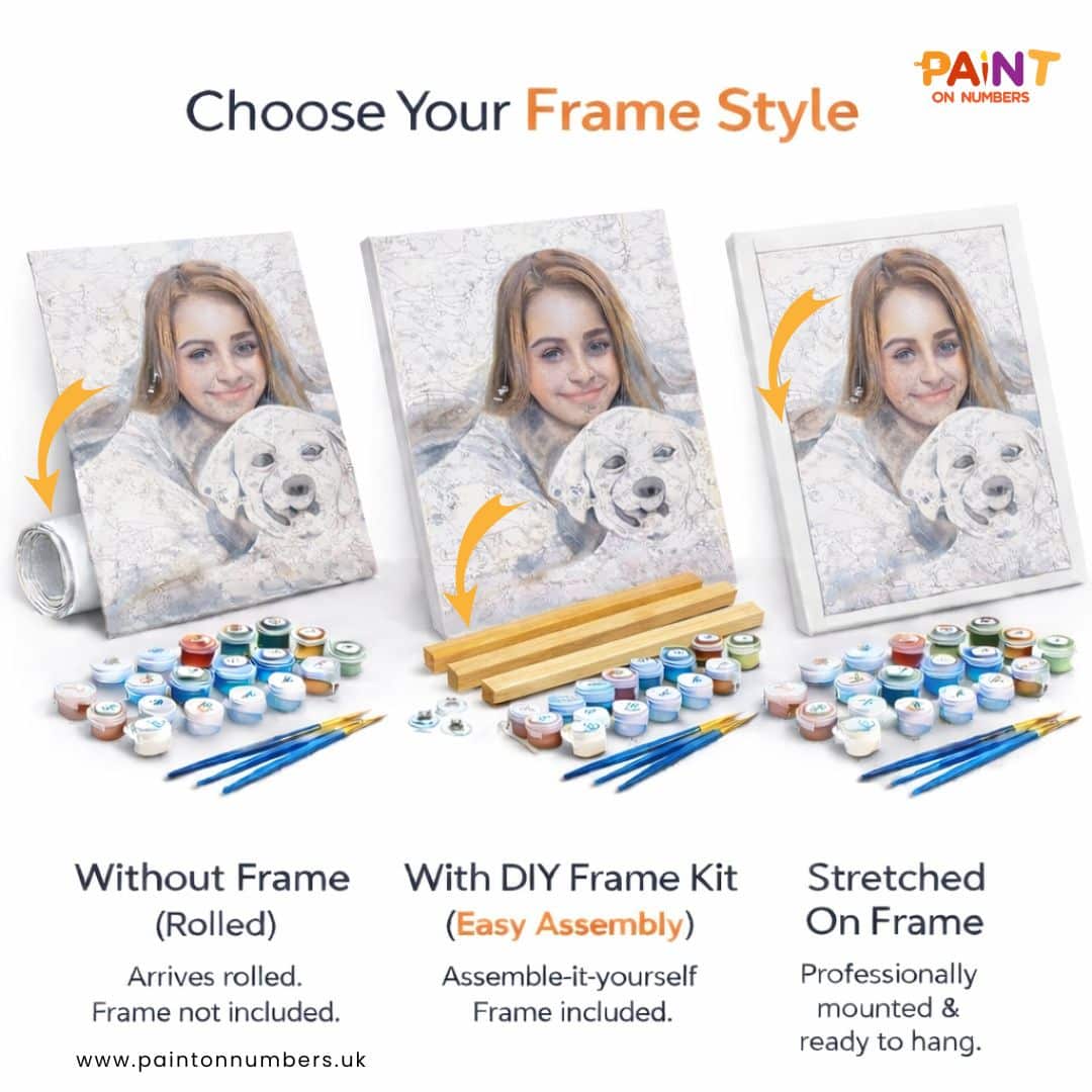 Paint on Numbers product display with different frame options and paint supplies.