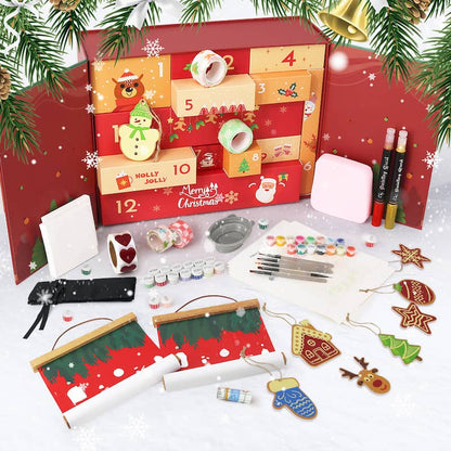 Christmas advent calendar craft box with 12 numbered drawers, surrounded by paints, brushes, tapes, pens, ornaments, and festive decorations like stars, reindeer, and Christmas trees on a snowy background.