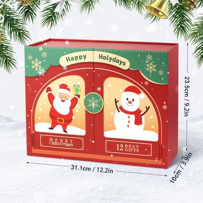 Red Christmas gift box with Santa and snowman illustration, labeled “Happy Holydays,” “Merry Christmas,” and “12 Best Gifts,” showing product dimensions of 31.1 cm × 23.5 cm × 10 cm.