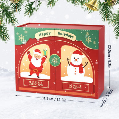Red Christmas gift box with Santa and snowman illustration, labeled “Happy Holydays,” “Merry Christmas,” and “12 Best Gifts,” showing product dimensions of 31.1 cm × 23.5 cm × 10 cm.