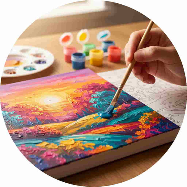 Person painting a colorful abstract design on a book with a brush.