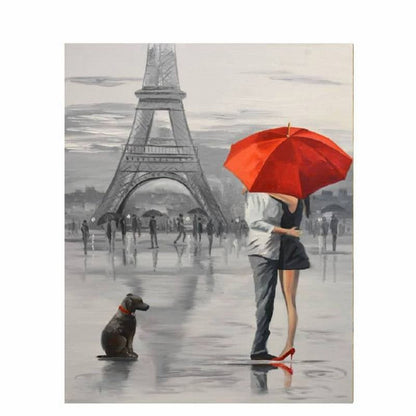 Painting of a couple with a red umbrella and a dog in front of the Eiffel Tower.