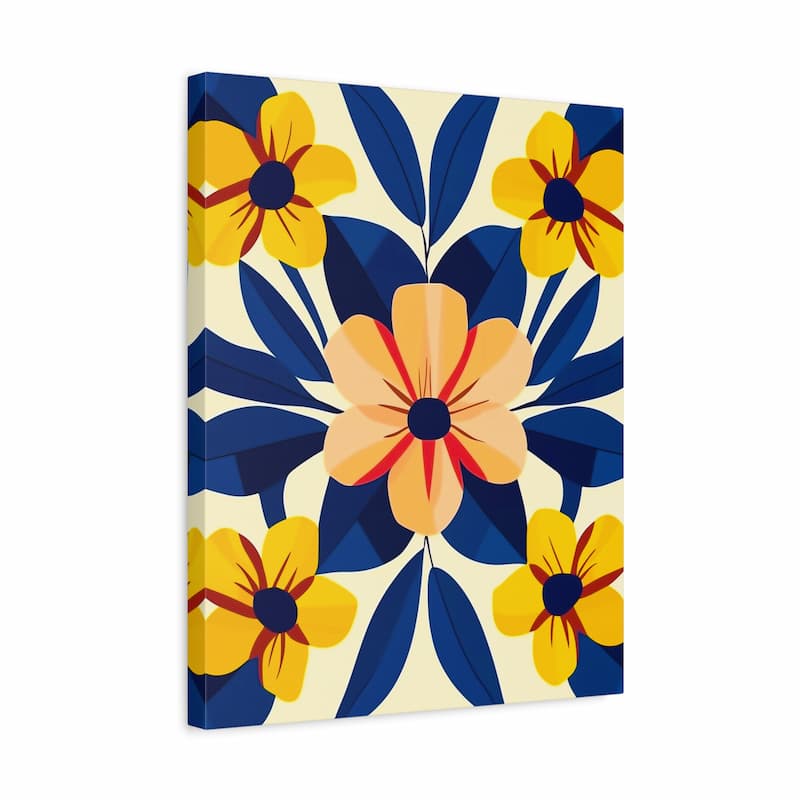 Canvas print with a colorful floral design featuring blue, yellow, and orange flowers on a beige background.