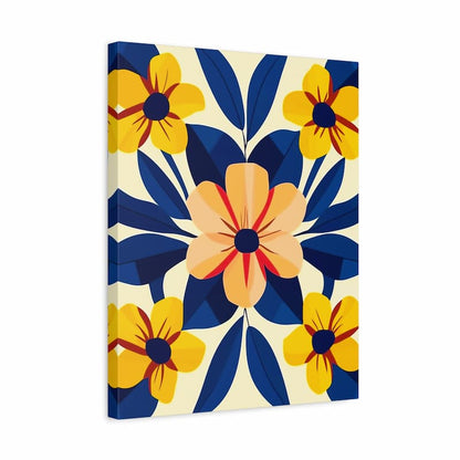 Canvas print with a colorful floral design featuring blue, yellow, and orange flowers on a beige background.