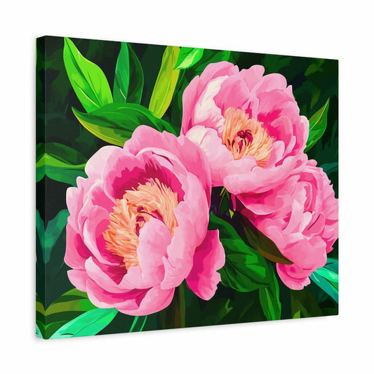 Canvas print of pink flowers with green leaves on a dark background