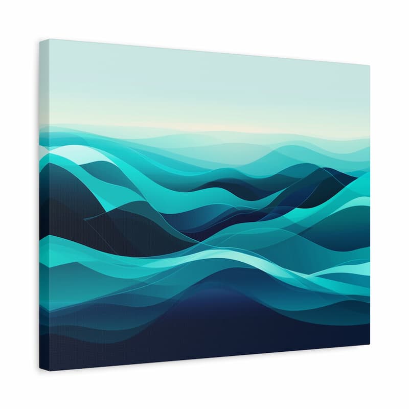 Abstract artwork of wavy blue and green patterns on a white background