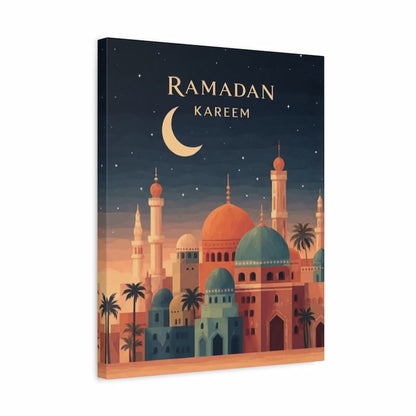 Canvas print with 'Ramadan Kareem' text and mosque illustration on a dark blue background
