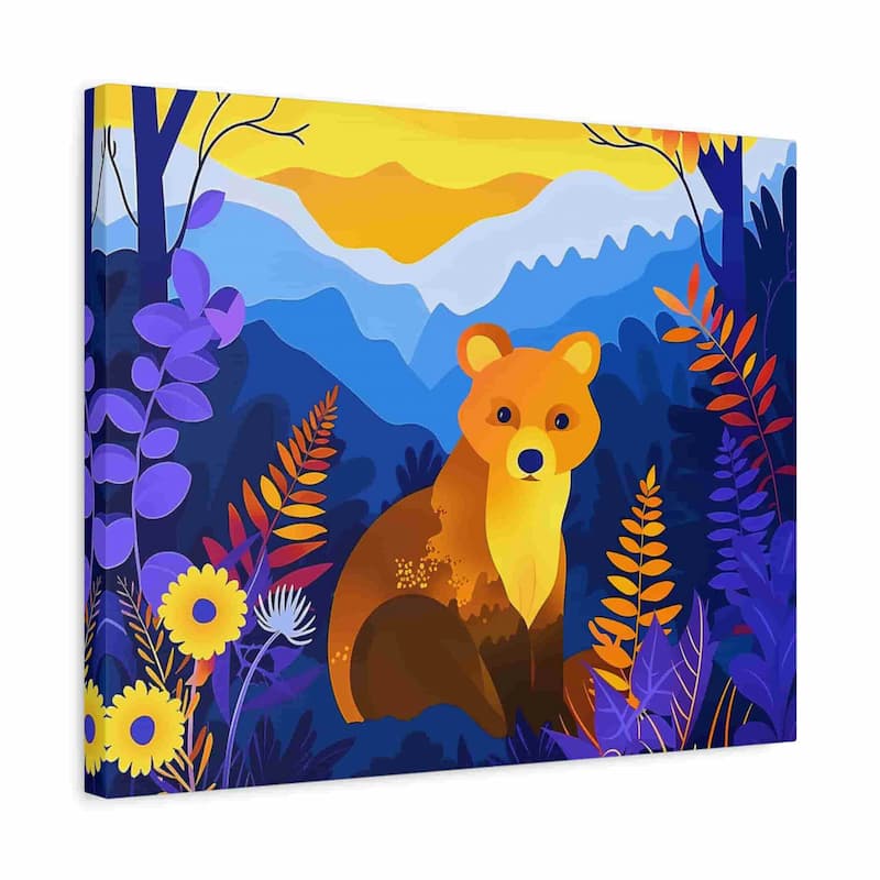 Canvas print with a colorful fox illustration in a forest setting