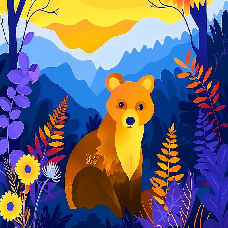 Illustration of a fox in a colorful forest with mountains in the background