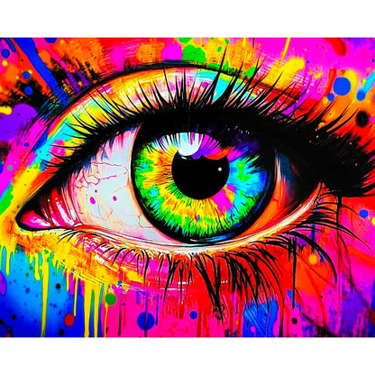 Colorful abstract painting of a stylized eye with vibrant colors